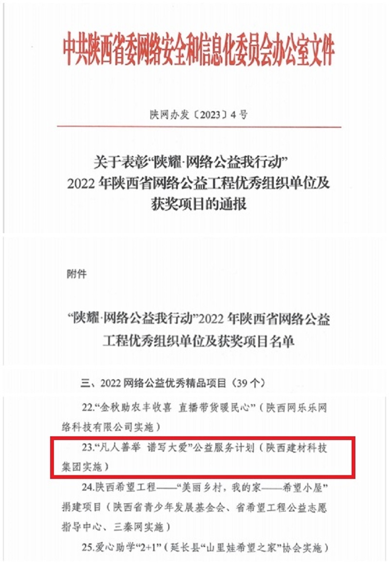 公益顯擔(dān)當(dāng) 弘揚正能量——陜西建材科技公司榮登2022年陜西省網(wǎng)絡(luò)公益工程優(yōu)秀精品項目名單