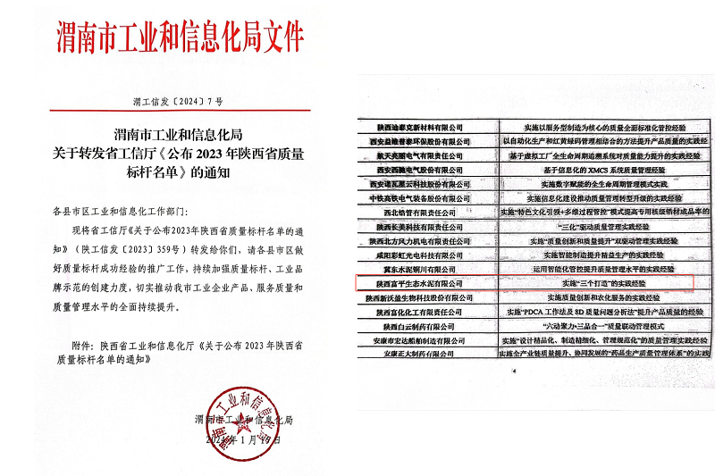 喜報！富平公司榮獲陜西省質(zhì)量標(biāo)桿榮譽