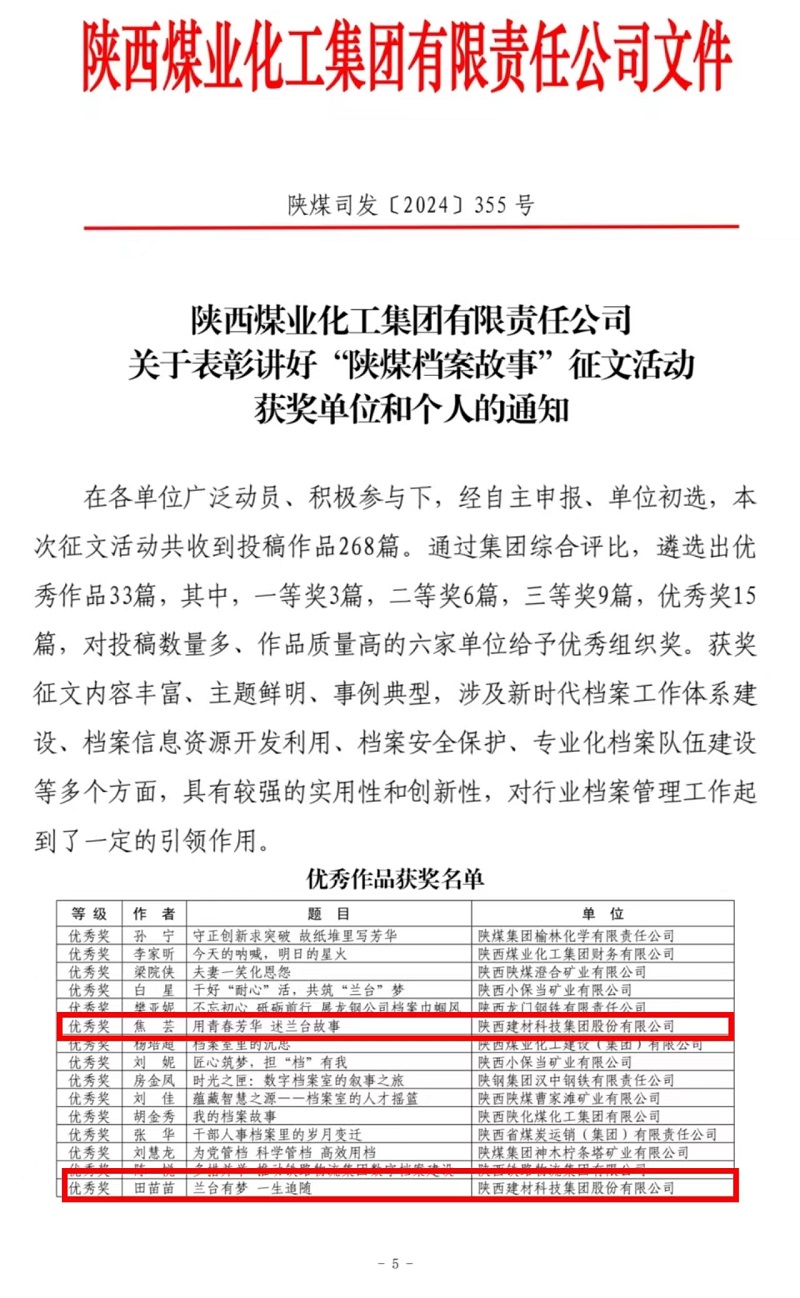 喜報！陜西建材科技檔案故事獲獎了